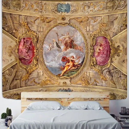 Classical ornate gold & pink boho printed tapestry wall bedroom decor