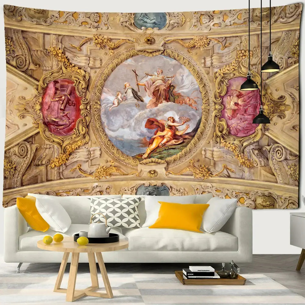 Classical ornate gold & pink boho printed tapestry wall bedroom decor
