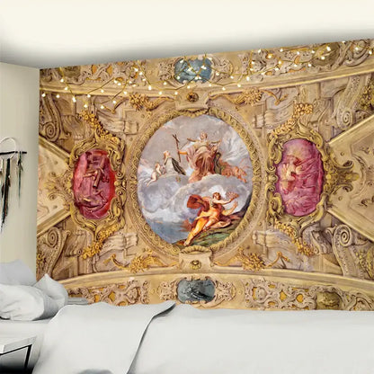 Classical ornate gold & pink boho printed tapestry wall bedroom decor