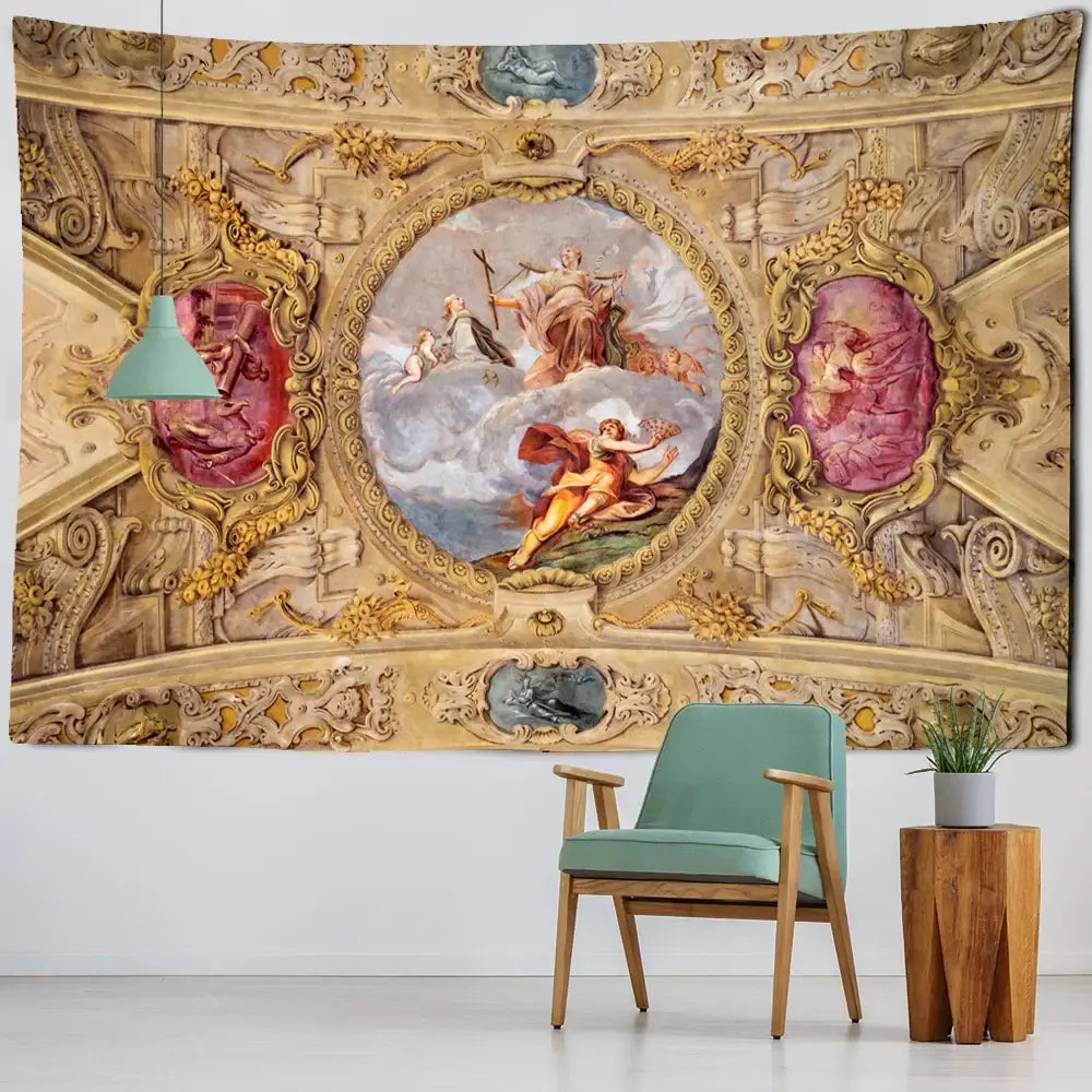 Classical ornate gold & pink boho printed tapestry wall bedroom decor