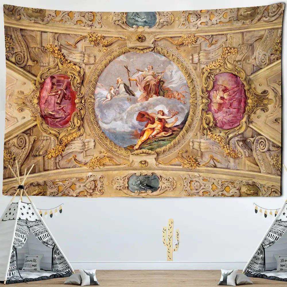Classical ornate gold & pink boho printed tapestry wall bedroom decor