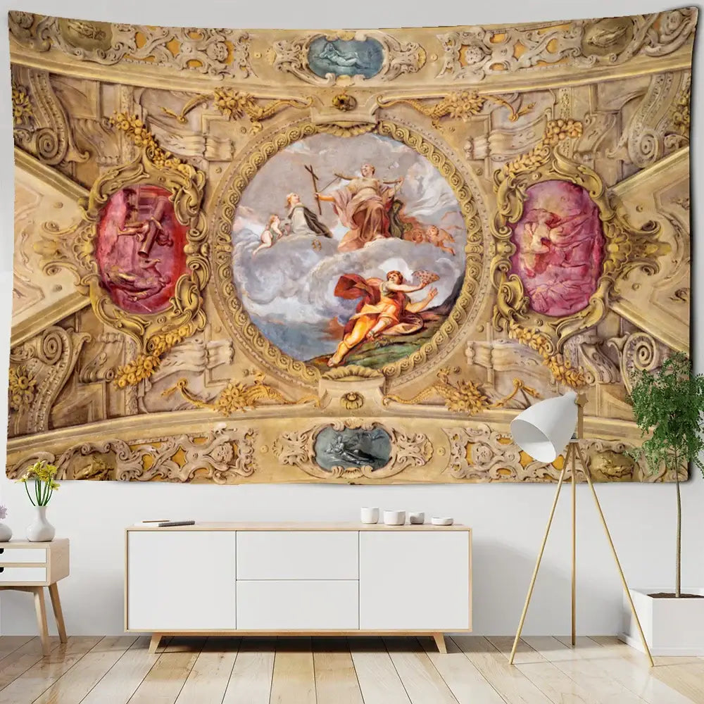 Classical ornate gold & pink boho printed tapestry wall bedroom decor