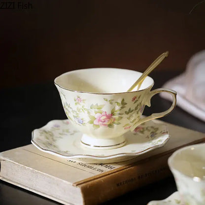 Classical pink rose ceramic cup and saucer set dining room decor