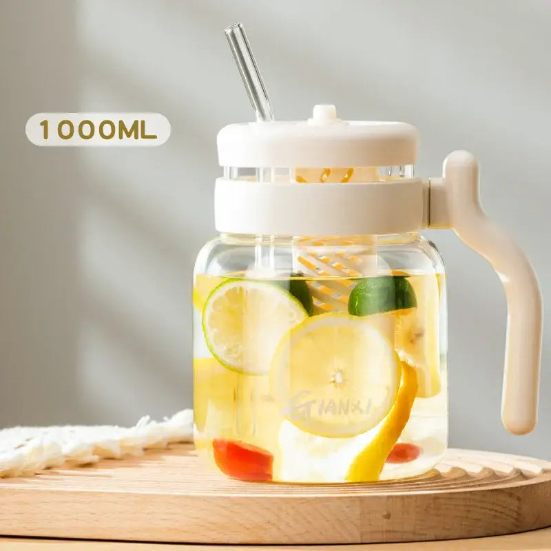 Clear 1000ml glass tumbler with handle and straw kitchen water bottle