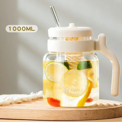 Clear 1000ml glass tumbler with handle and straw kitchen water bottle