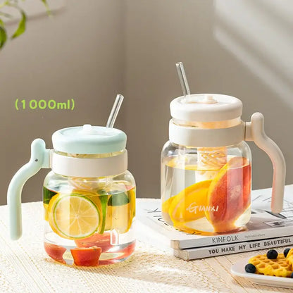 Clear 1000ml glass tumbler with handle and straw kitchen water bottle