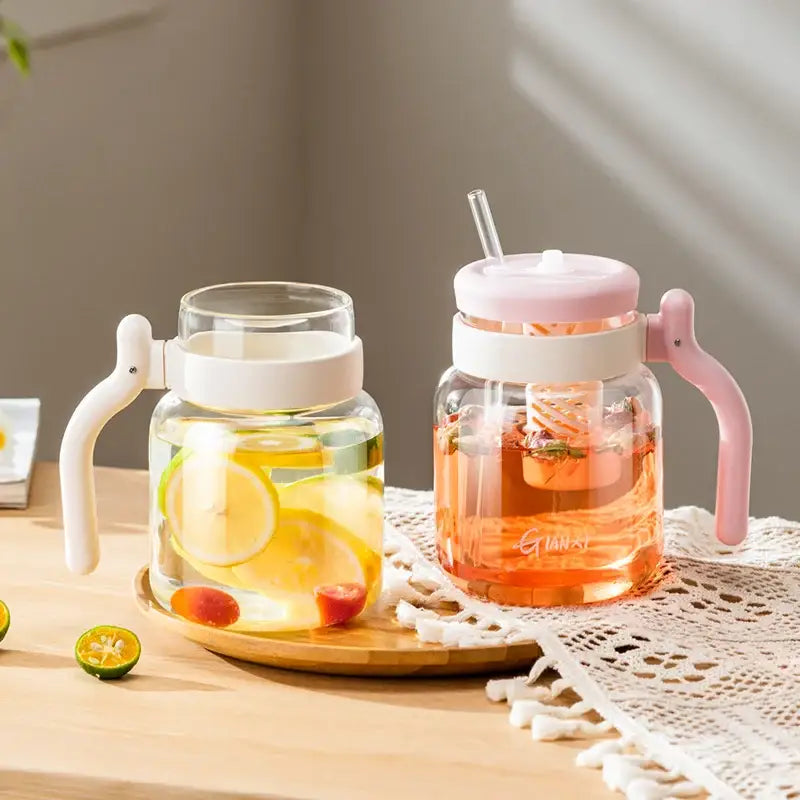 Clear 1000ml glass tumbler with handle and straw kitchen water bottle