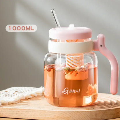 Clear 1000ml glass tumbler with handle and straw kitchen water bottle