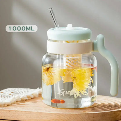 Clear 1000ml glass tumbler with handle and straw kitchen water bottle