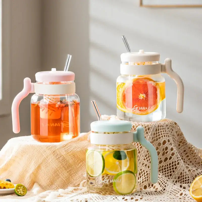 Clear 1000ml glass tumbler with handle and straw kitchen water bottle