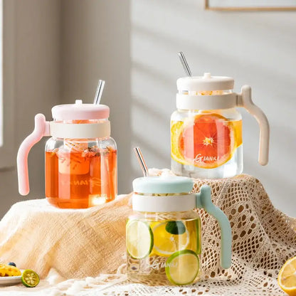 Clear 1000ml glass tumbler with handle and straw kitchen water bottle
