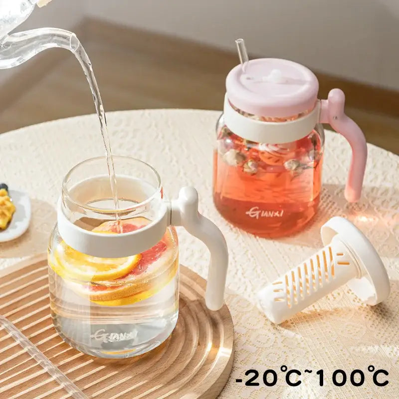 Clear 1000ml glass tumbler with handle and straw kitchen water bottle