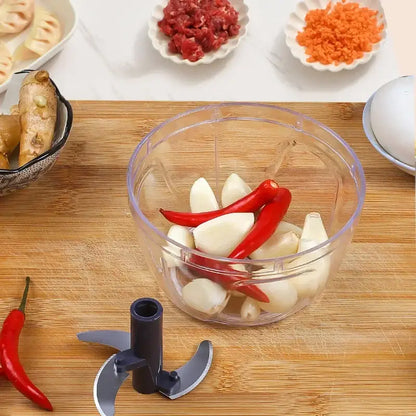 Clear 400ml mini food shredder with 3 blades for kitchen garlic prep