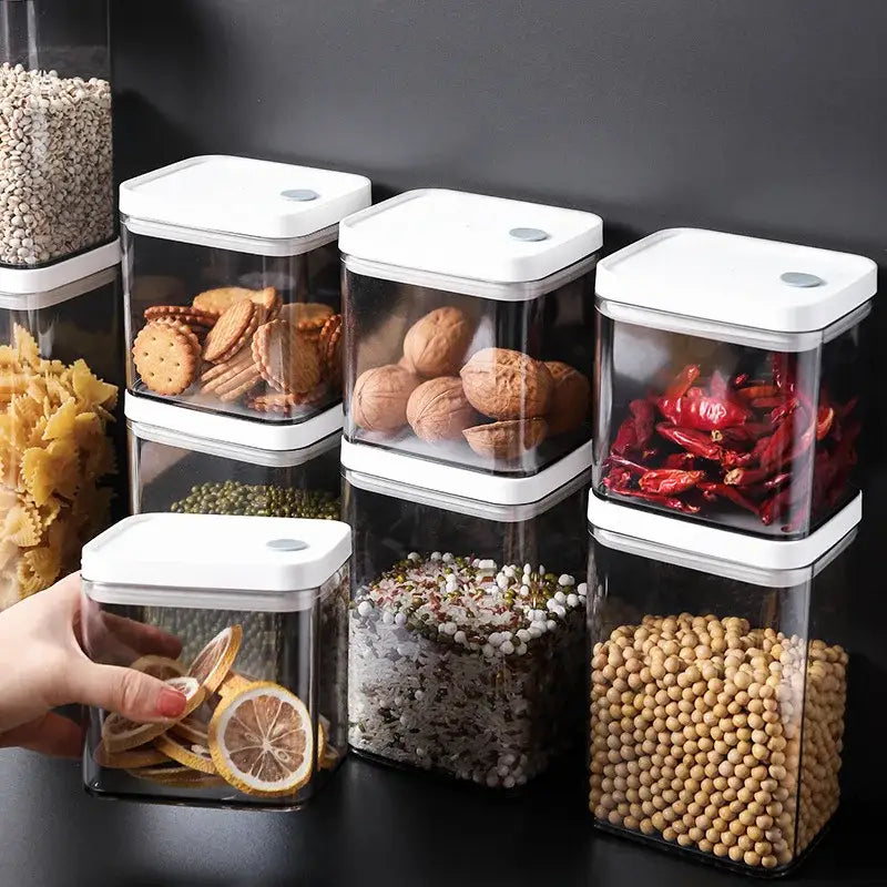 Clear bulk hermetic food storage containers with white lids kitchen