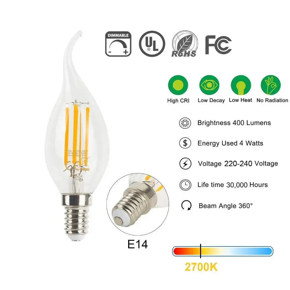 Clear dimmable led filament candle bulbs silver base dining room