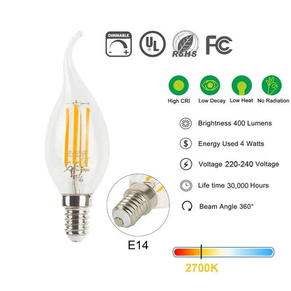 Clear dimmable led filament candle bulbs silver base dining room