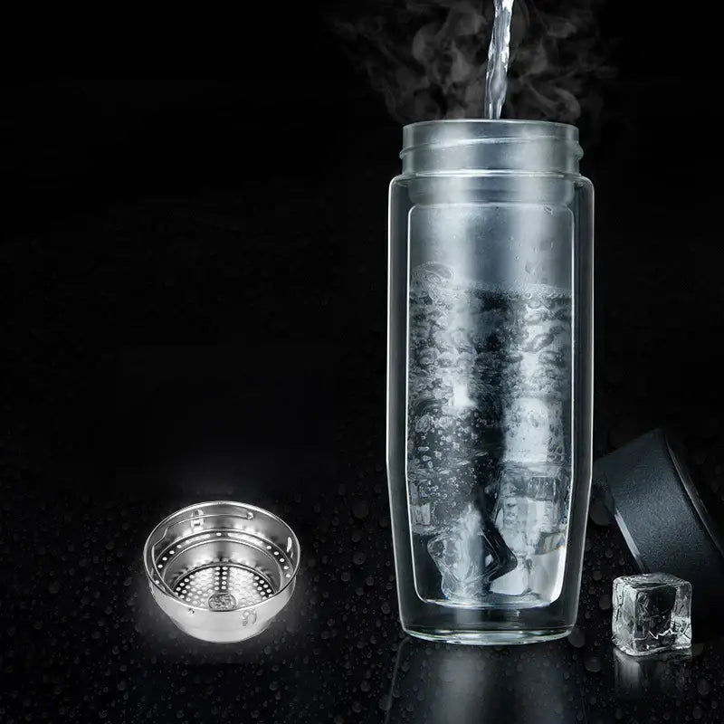 Clear double-walled glass travel mug with infuser kitchen glass cups