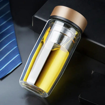 Clear double-walled glass travel mug with infuser kitchen glass cups