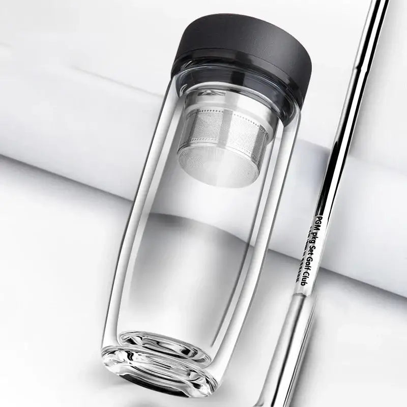 Clear double-walled glass travel mug with infuser kitchen glass cups