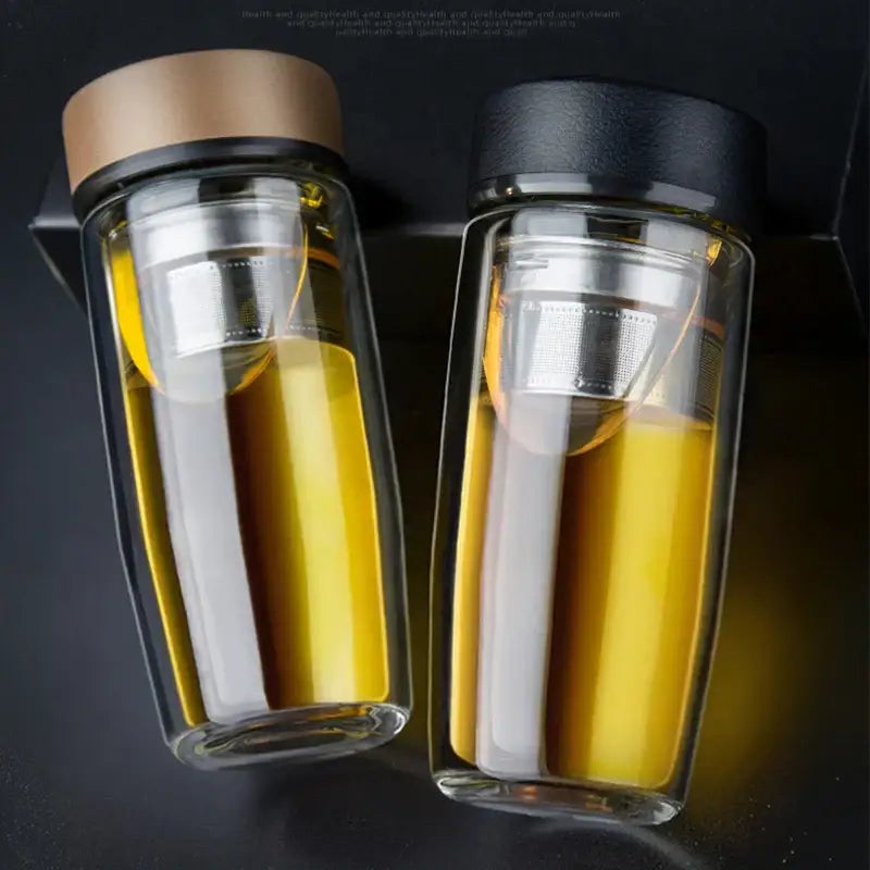 Clear double-walled glass travel mug with infuser kitchen glass cups
