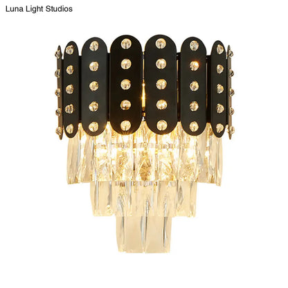 DecorBites™ Clear Faceted Crystal Wall Lighting: 3-Light, 3-Tier, Wall Mounted. Contemporary Design in Black.