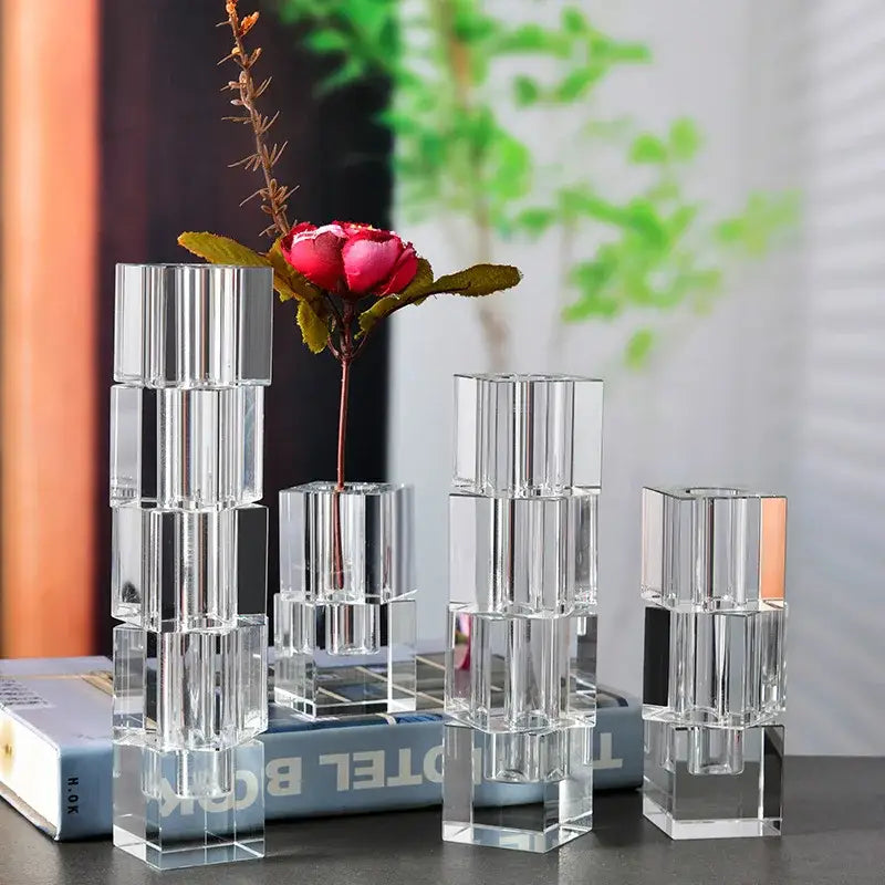 Clear fluted geometric glass vase stack living room flower decor
