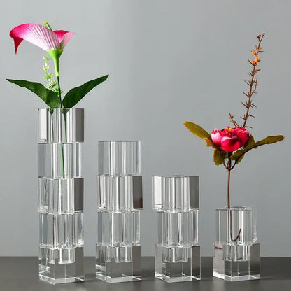 Clear fluted geometric glass vase stack living room flower decor