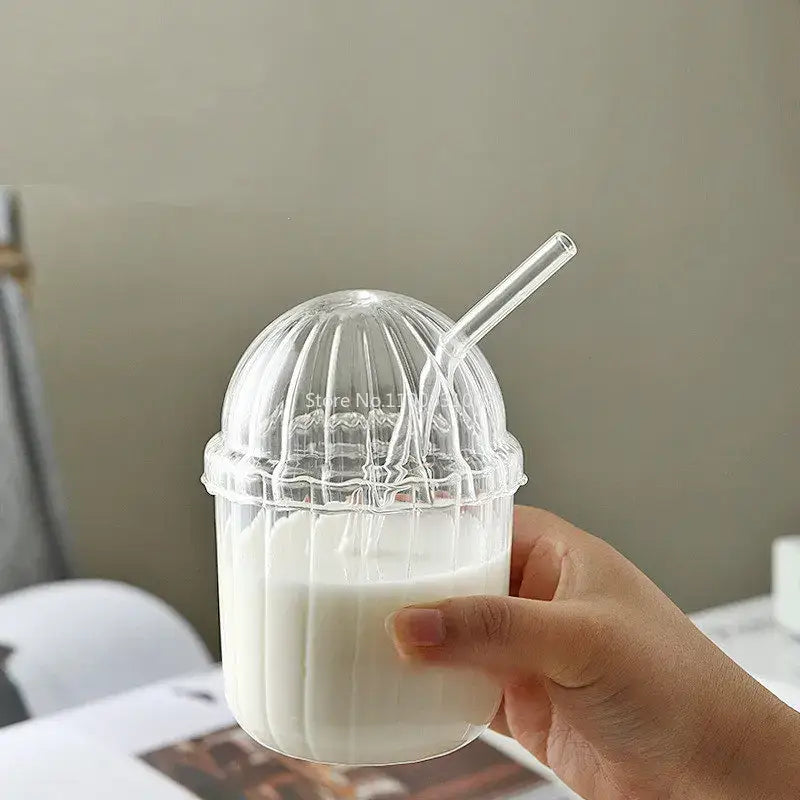 Clear glass bobo cup with ribbed lid and straw kitchen milkshake set