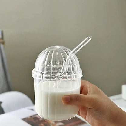 Clear glass bobo cup with ribbed lid and straw kitchen milkshake set