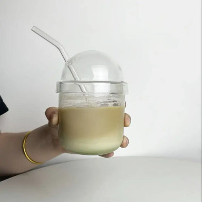 Clear glass bobo cup with ribbed lid and straw kitchen milkshake set