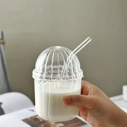 Clear glass bobo cup with ribbed lid and straw kitchen milkshake set