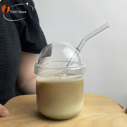 Clear glass bobo cup with ribbed lid and straw kitchen milkshake set