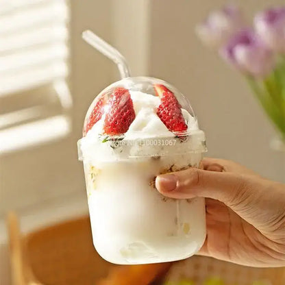 Clear glass bobo cup with ribbed lid and straw kitchen milkshake set