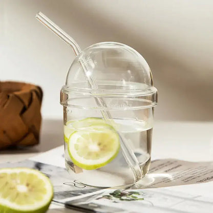 Clear glass bobo cup with ribbed lid and straw kitchen milkshake set