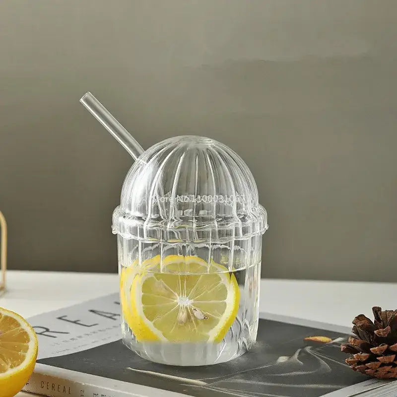 Clear glass bobo cup with ribbed lid and straw kitchen milkshake set
