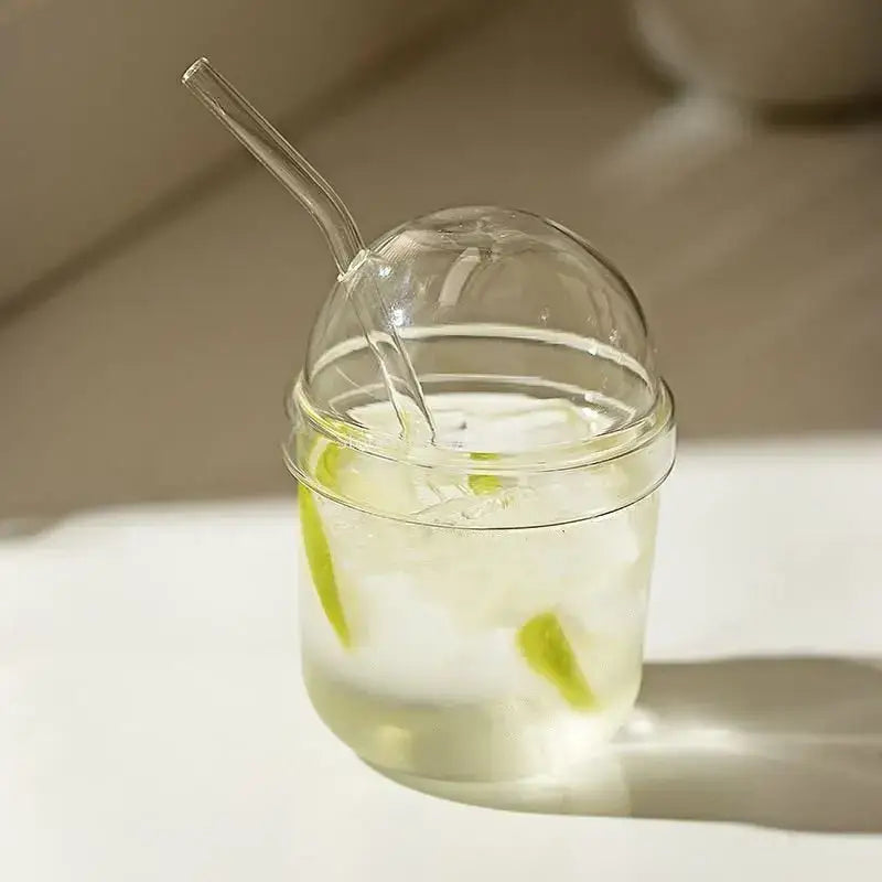Clear glass bobo cup with ribbed lid and straw kitchen milkshake set