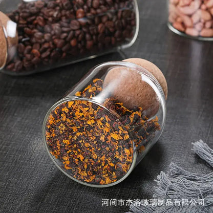 Clear glass bottle dispenser set with cork stoppers kitchen jars