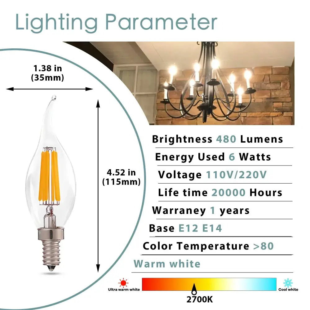 Clear glass candelabra dimmable chandelier led bulbs dining room 12-pack