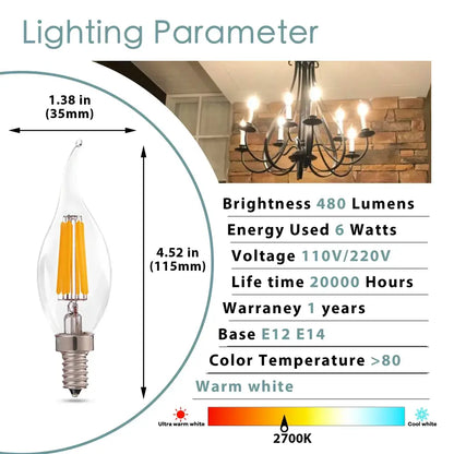 Clear glass candelabra dimmable chandelier led bulbs dining room 12-pack