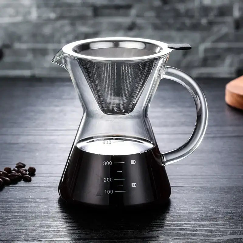 Clear glass coffee pot with stainless steel filter kitchen coffeeware