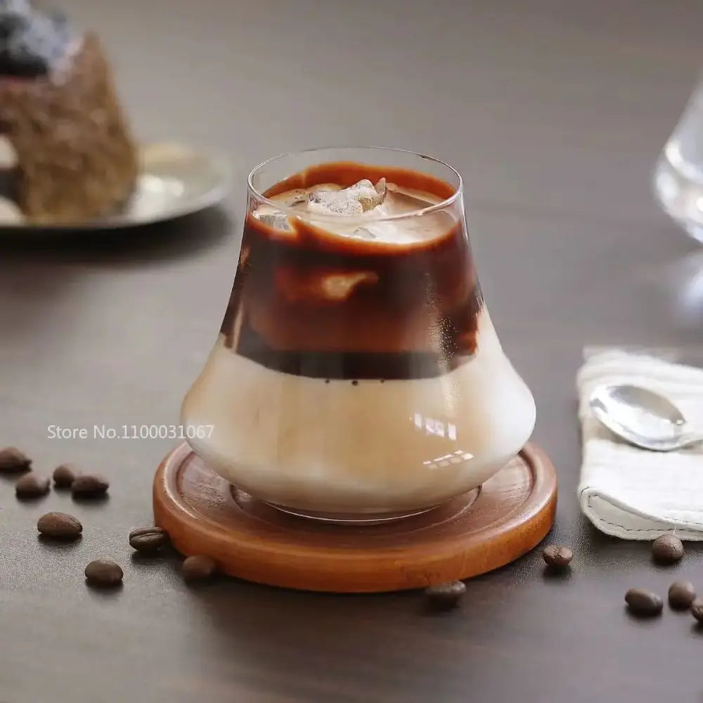 Clear glass cold brew latte drinkware set with wooden coaster kitchen