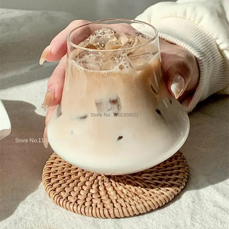 Clear glass cold brew latte drinkware set with wooden coaster kitchen