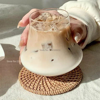 Clear glass cold brew latte drinkware set with wooden coaster kitchen