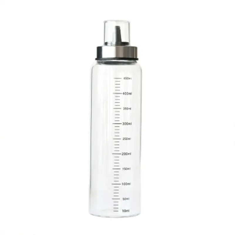 Clear glass condiment bottle set with measurements for kitchen
