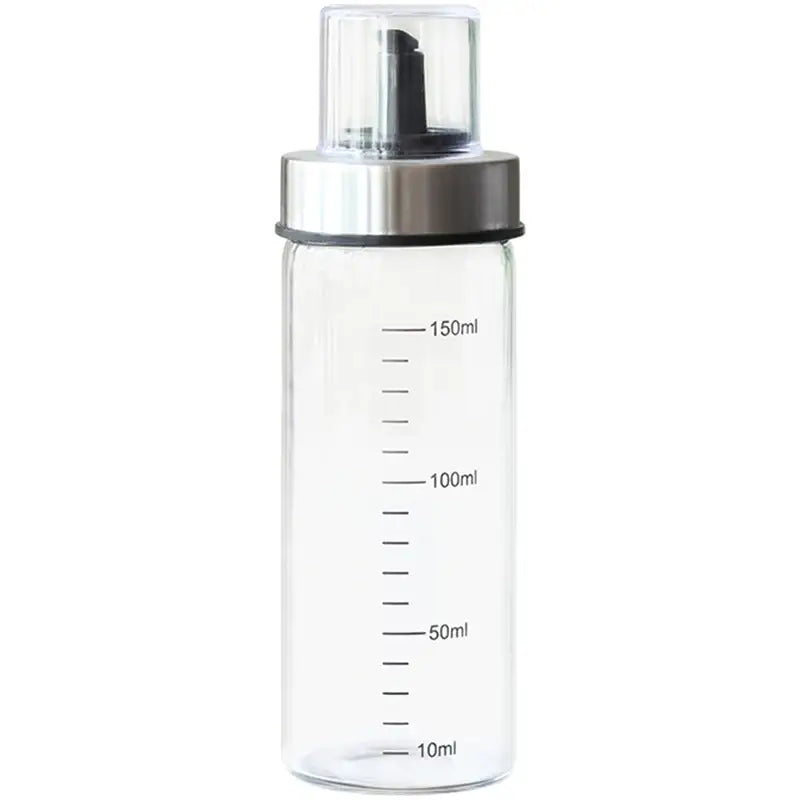 Clear glass condiment bottle set with measurements for kitchen