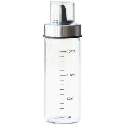 Clear glass condiment bottle set with measurements for kitchen