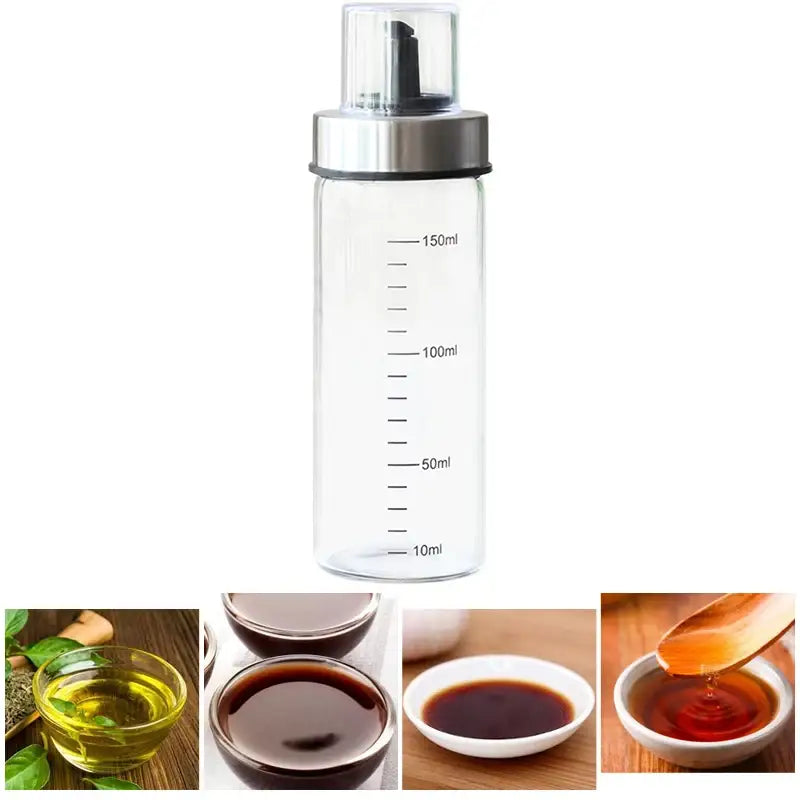 Clear glass condiment bottle set with measurements for kitchen