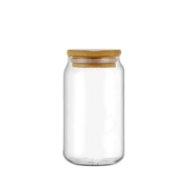 Clear glass drink cup with bamboo lid and straw kitchen soda