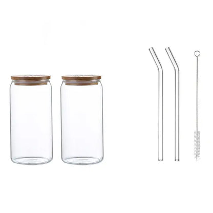 Clear glass drink cup with bamboo lid and straw kitchen soda