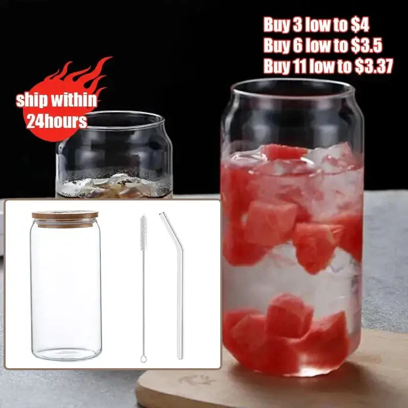 Clear glass drink cup with bamboo lid and straw kitchen soda